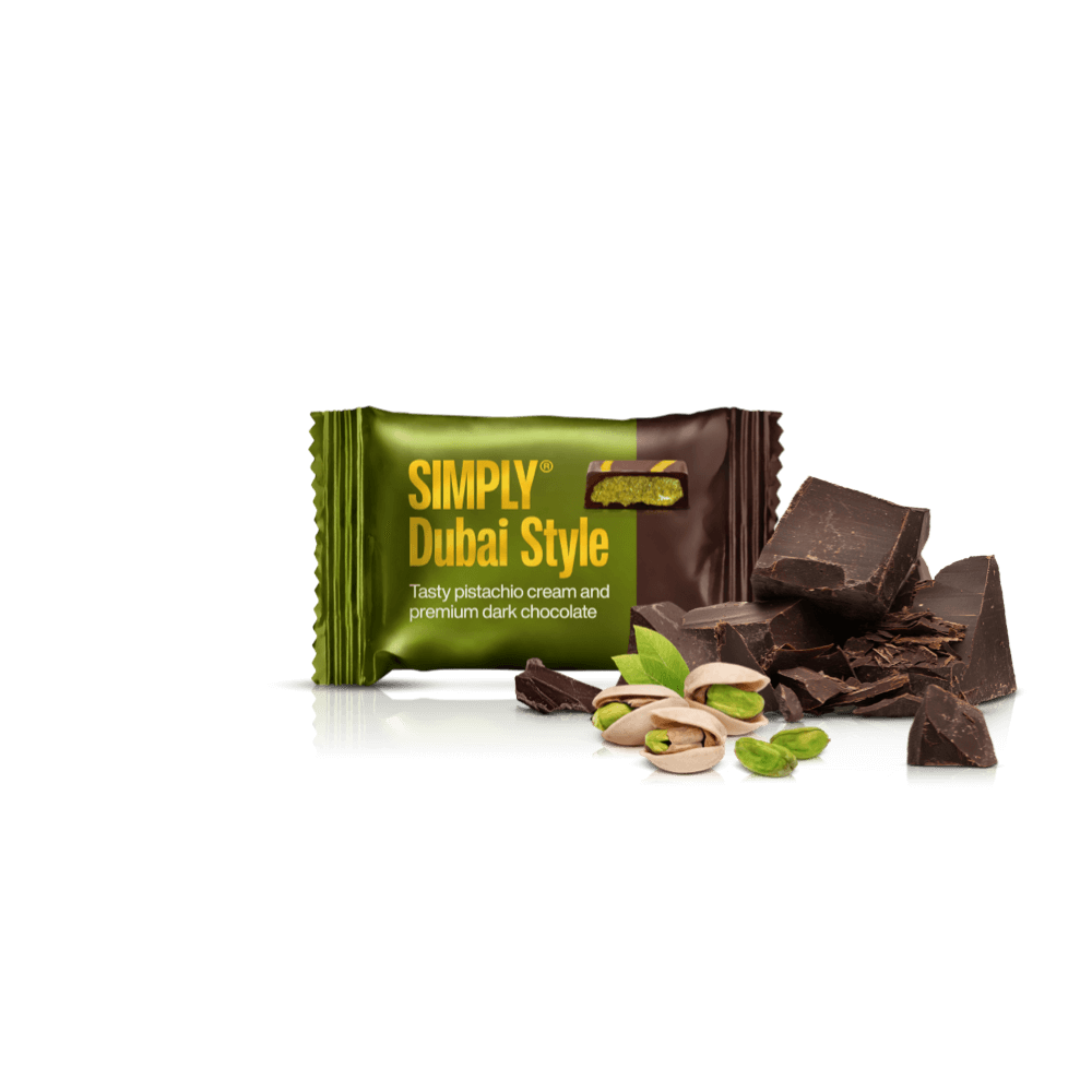 Chokolade Bites kasse - 750g - 75 stk - Simply® Pistacie Mørk