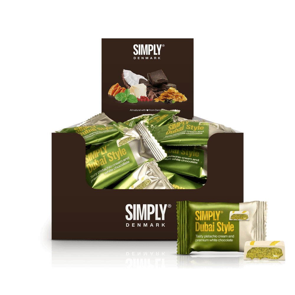 Chokolade Bites kasse - 750g - 75 stk - Simply® Pistacie Hvid