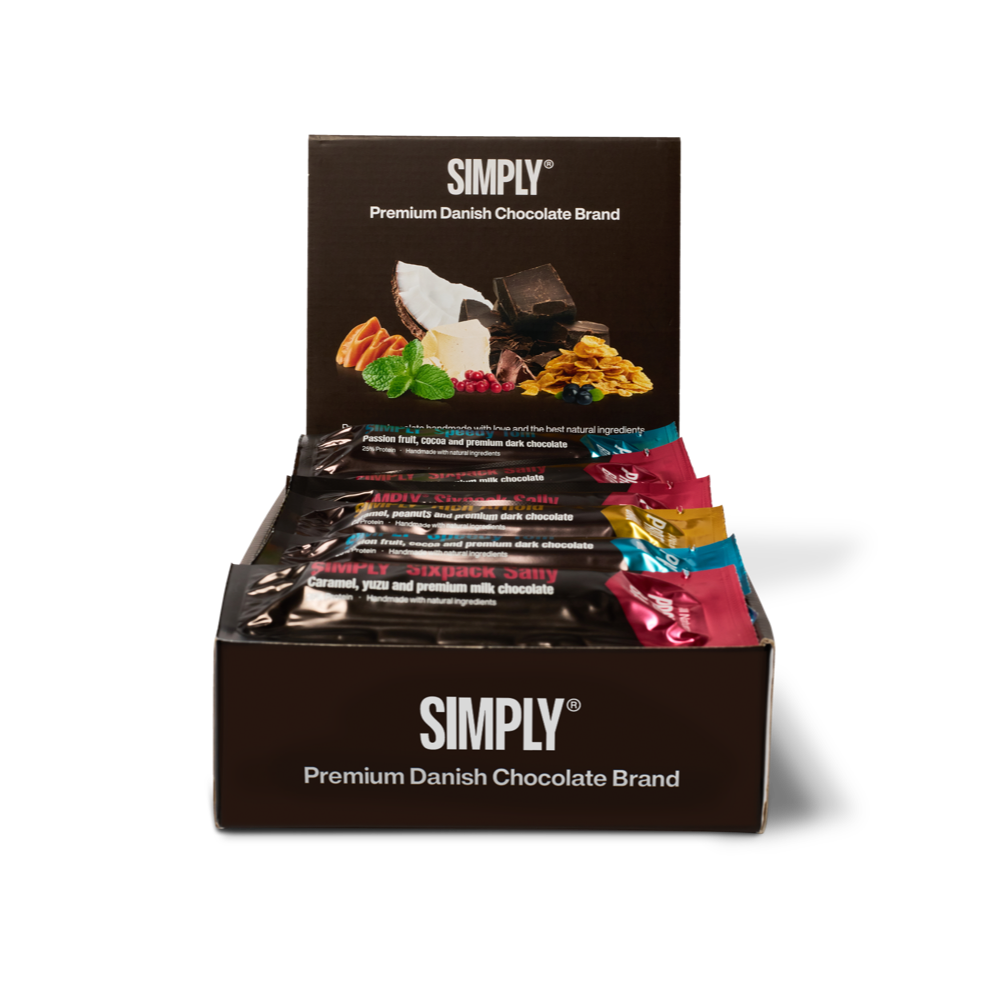 Chokolade Proteinbar mix kasse 15 stk - Simply® Arnold/Sally/Tom/Flora/Felix