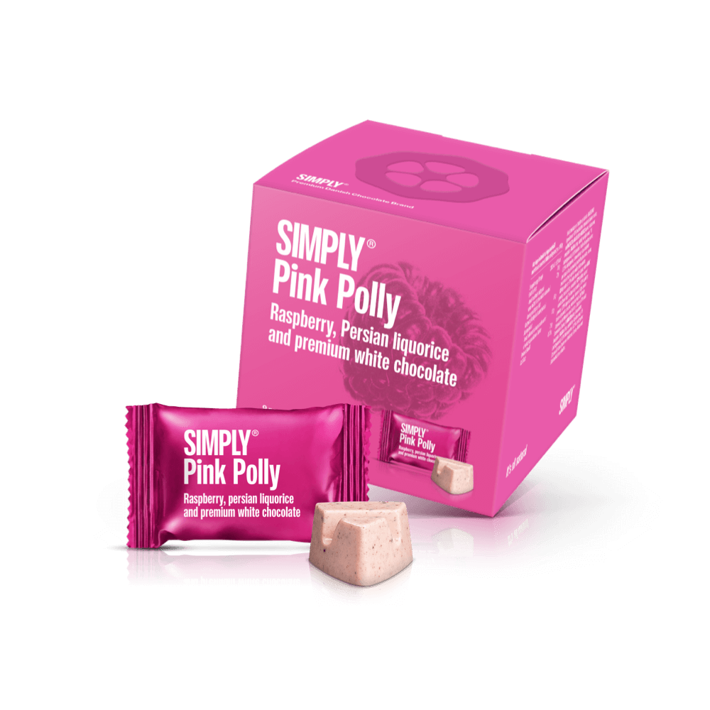 Simply® Pink Polly - Gaveæske med 9 bites | Hindbær, persisk lakrids og premium hvid chokolade - Single Cubes - Simply®