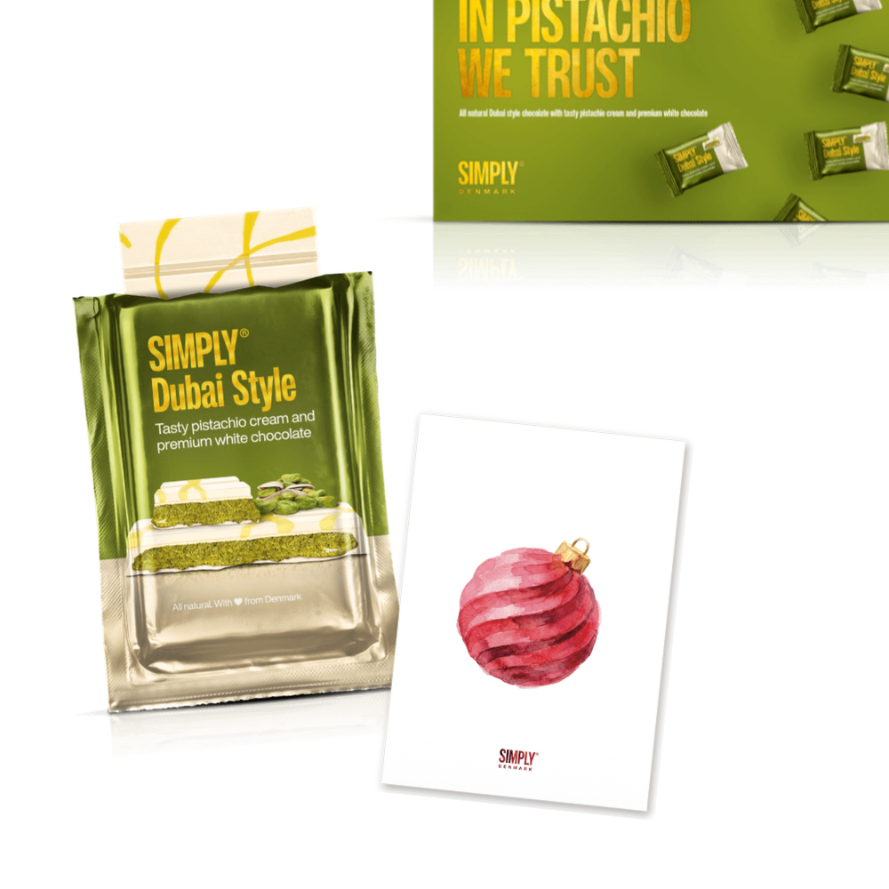 Pistachio Plus One: Sharing Bar, postkort og gaveæske