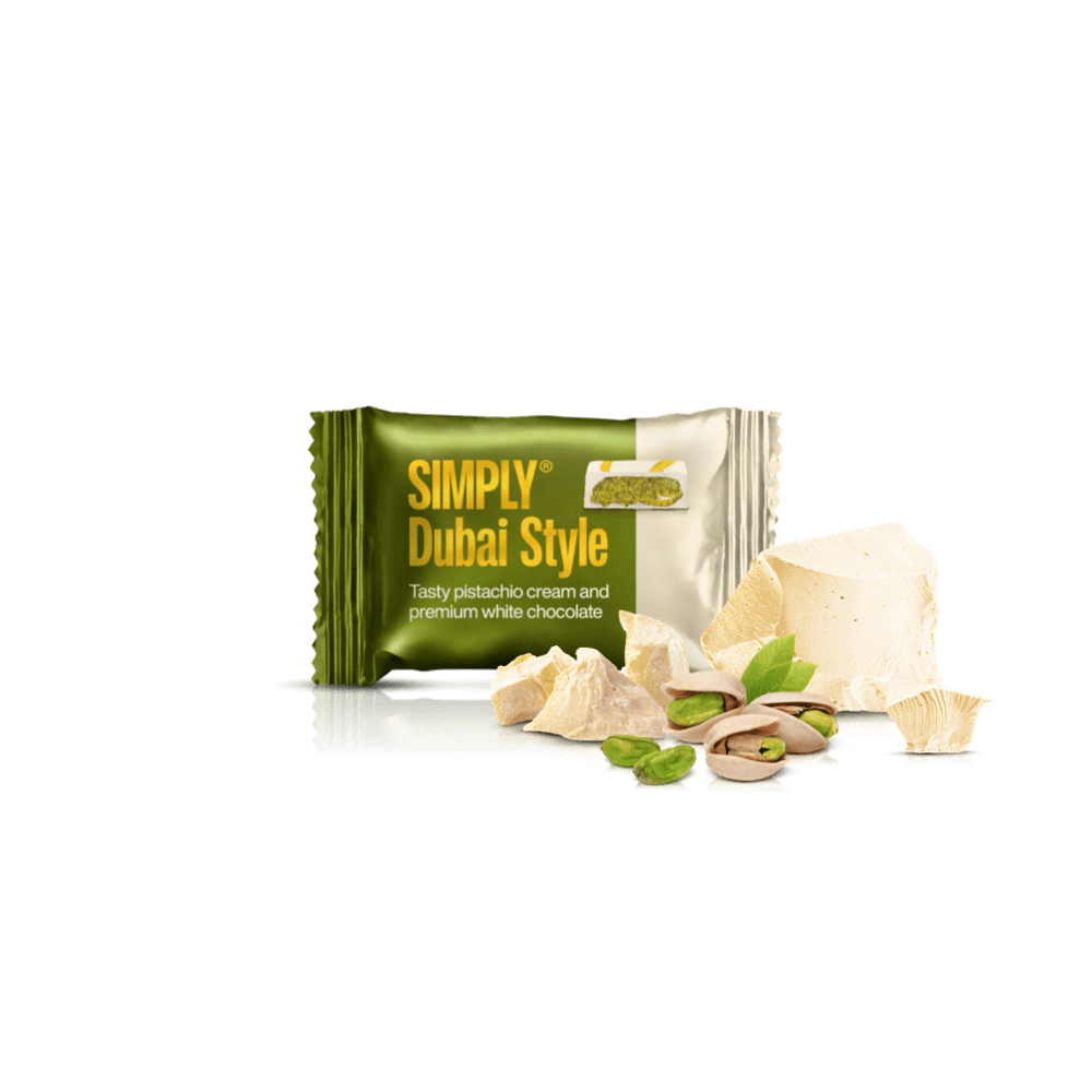 Chokolade Bites kasse - 750g - 75 stk - Simply® Pistacie Hvid