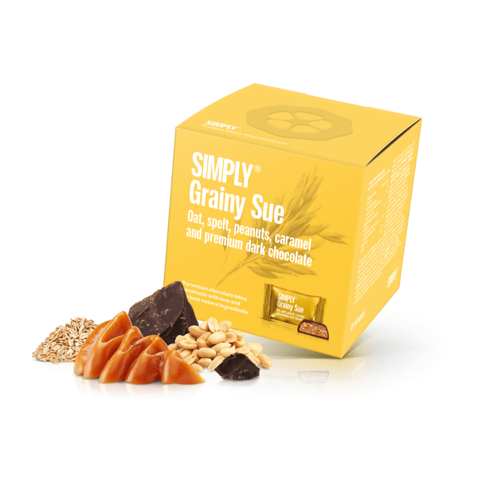 Simply® Grainy Sue - Gaveæske med 9 bites | Havre, spelt, karamel, peanuts og premium mørk chokolade - Single Cubes - Simply®