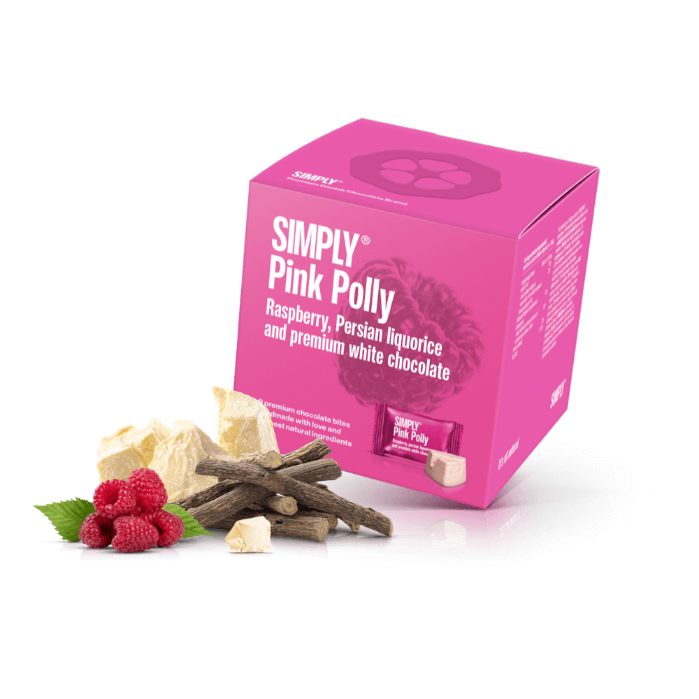 Simply® Pink Polly - Gaveæske med 9 bites | Hindbær, persisk lakrids og premium hvid chokolade - Single Cubes - Simply®
